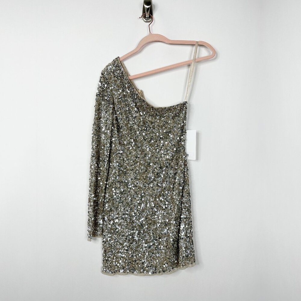 NWT Mac Duggal Sequin Long Sleeve One-Shoulder Mini Dress Platinum Gold 2 #A0303